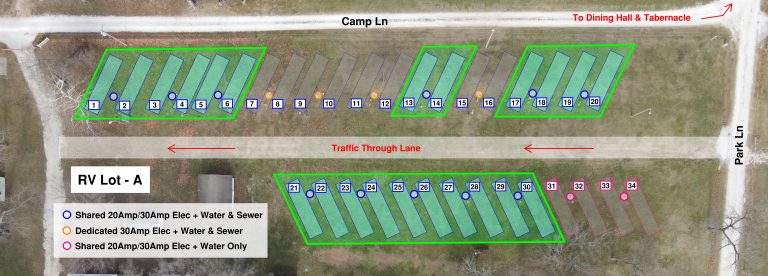 Lot A – RV Space – Shared 20A Elec. or 30A Elec. + Water/Sewer (1-6, 13-14, 17-30)